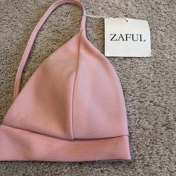 NWT ZAFUL BLUSH PINK TRIANGLE RIBBED BIKINI SWIMSUIT TOP SIZE MEDIUM - Picture 2 of 10
